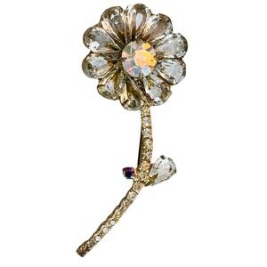 Vintage Large Clear Rhinestone Stemmed Flower Brooch